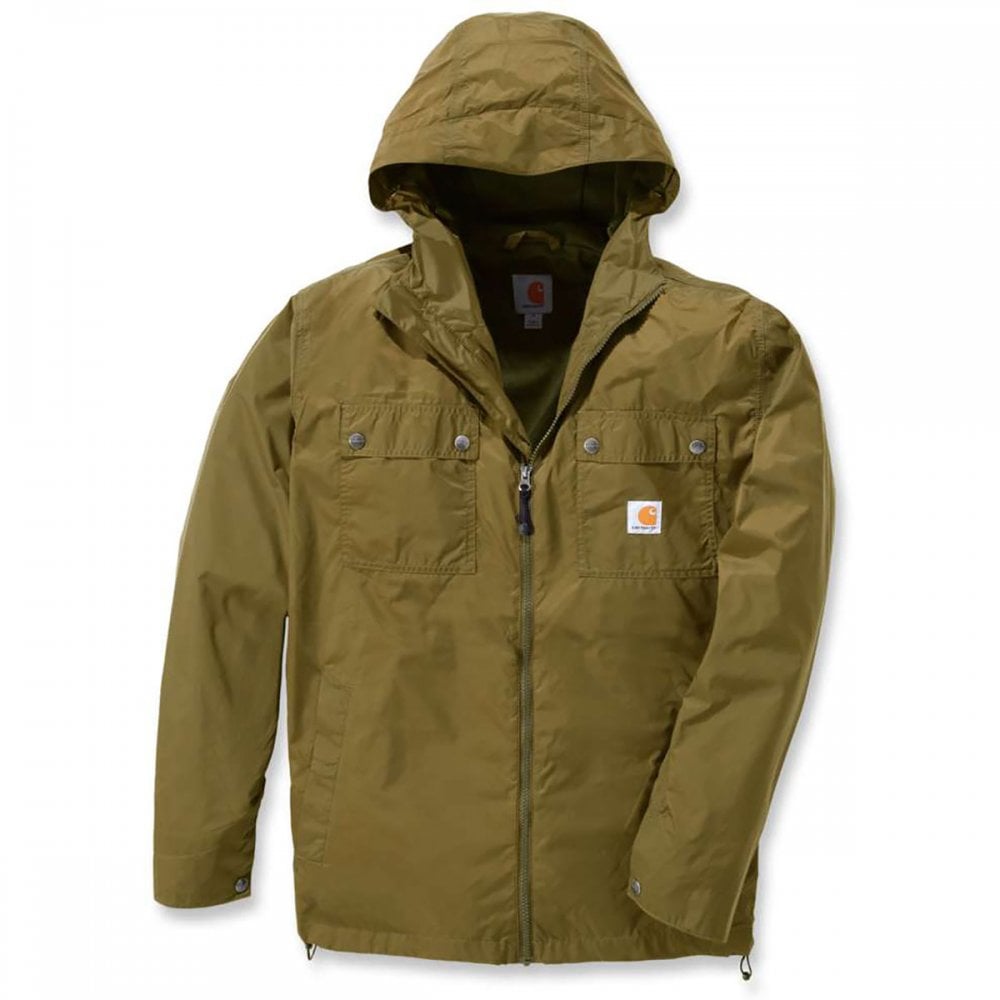 a green water resistant jacket made by carhartt