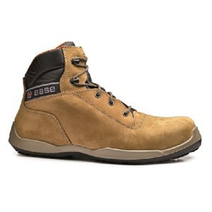 a tan coloured workboot with laces and a base logo